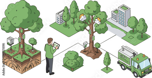 Isometric Illustration of Smart City Environmental Monitoring with IoT Sensors on Trees and Urban Forest Management System