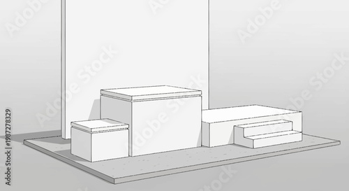 3D rendering of two white boxes on gray platform against wall