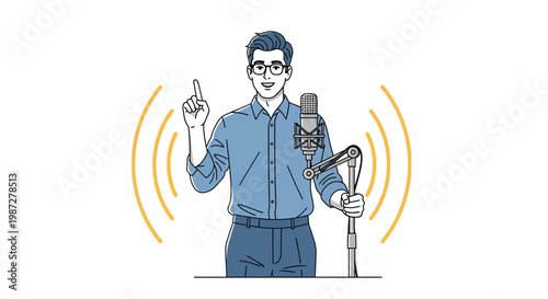 Man with Microphone, Speaking and Gesturing, Sound Waves