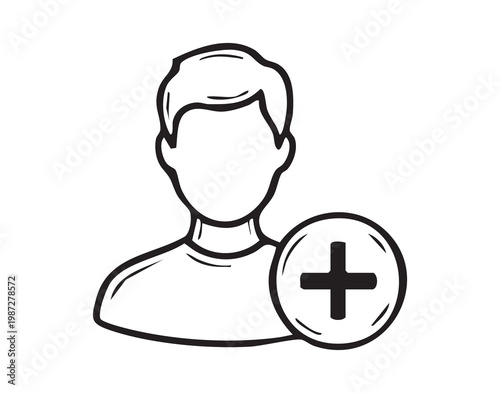 User plus account. Monochrome outline symbolizing user addition and team management functions. Minimalist line drawing illustrating user silhouette with plus for account setup and onboarding