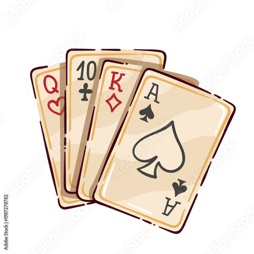 Playing cards fan with ace, king, queen and ten, beige casino deck and suit symbols. Mafia board game prop, tabletop icon with playing cards, cartoon vector illustration.