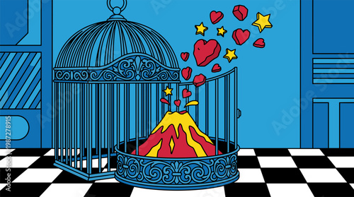 Antique Birdcage with Erupting Volcano Heart Lava Pop Surrealism Flat Illustration with Bold Outlines