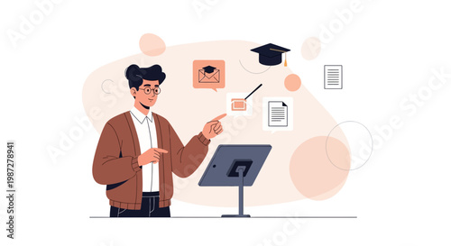 Online Education Concept: Teacher Presenting Digital Content with Graduation Cap Icon