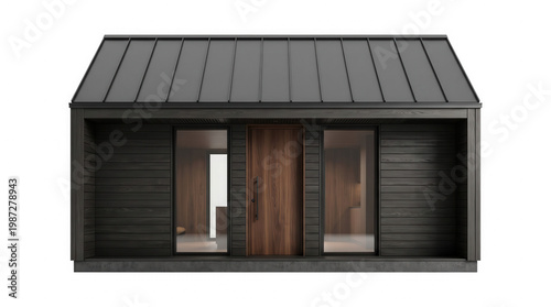 Modern small black house or cabin isolated PNG, real estate home icon for architecture, property and building projects on transparent background