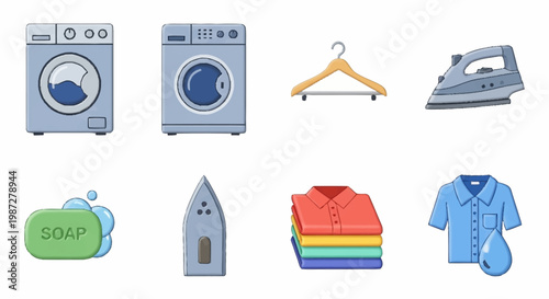 Laundry icons including washing machines, soap, and iron