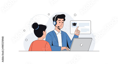 Online Education Concept: Tutor with Student Using Laptop and Headset
