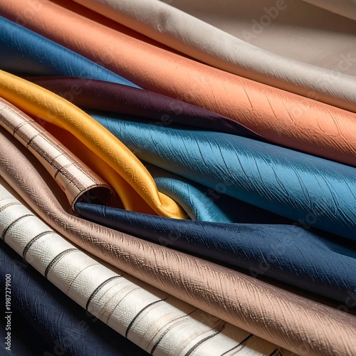 A close-up showcasing layers of brightly colored fabric swatches with various textures and patterns, arranged creatively