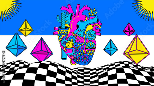 Anatomical Heart With Mechanical Gears And Desert Succulents Over Checkerboard Dunes Pop Surrealism Flat Illustration