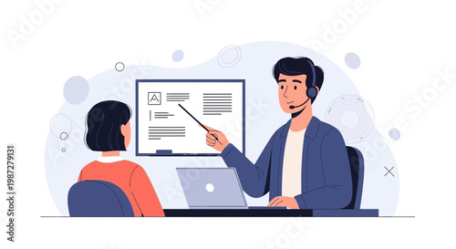 Online learning, man with headset teaching woman, presentation on screen, laptop