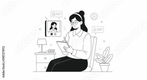 Online therapy session: woman consulting psychologist via video call, taking notes