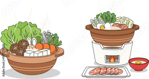 Asian Hot Pot Cooking Set with Vegetables Mushrooms Tofu Meat and Broth Served in Traditional Clay Pot Flat Vector Illustration Collection