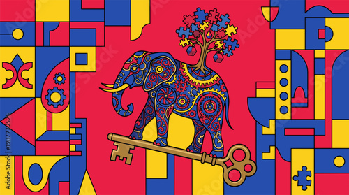 Mechanical Elephant with Clockwork Gears and Puzzle Tree Pop Surrealism Flat Illustration with Bold Outlines