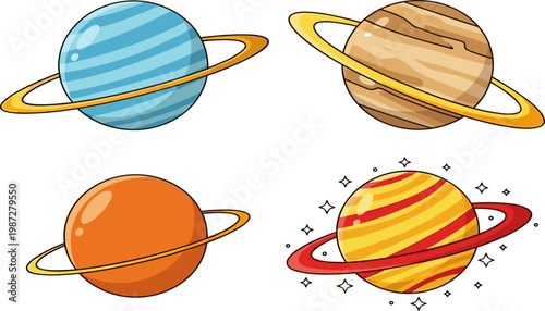 Cartoon Planets with Rings Set: Colorful Planetary Illustrations for Space, Astronomy, and Science Design Concepts