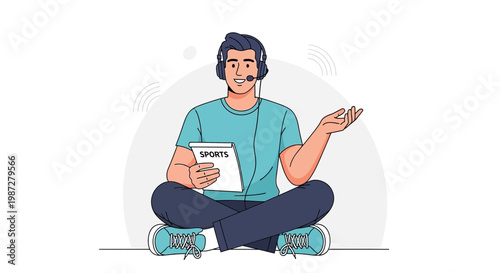 Sports Commentator with Headset and Tablet, Sitting Cross-legged