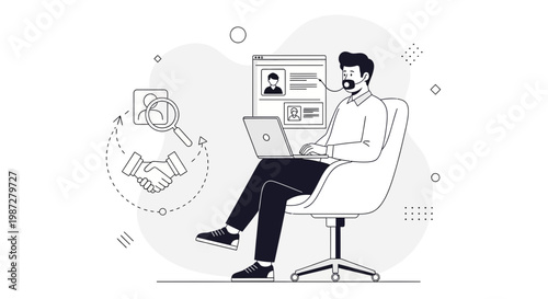 Recruitment process, HR manager hiring candidate, online job search, handshake deal, business meeting