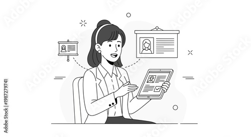 Recruitment professional reviewing candidate profiles on tablet and presentation board