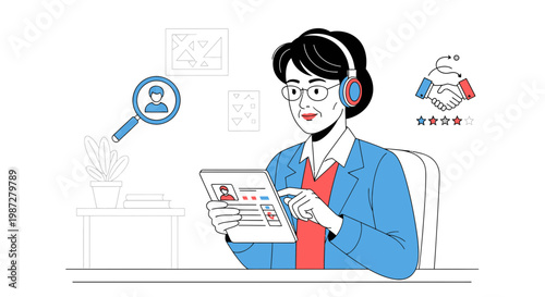 Recruitment specialist reviews candidate profile on tablet, magnifying glass with person icon