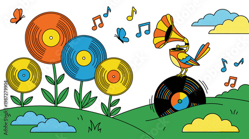 Surreal Vinyl Record Flower Meadow with Gramophone Bird Pop Surrealism Flat Illustration with Bold Outlines