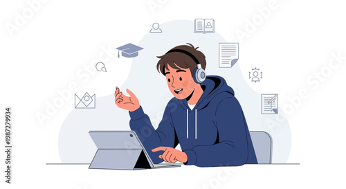 Student learning online with headphones and tablet, educational icons, modern education concept