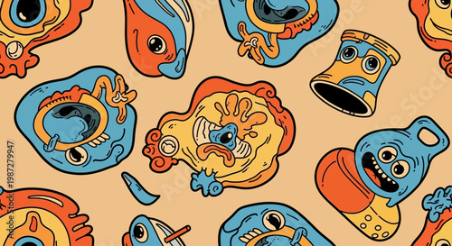 Whimsical and Colorful Seamless Pattern Featuring Abstract Cartoon Creatures and Playful Monsters Design for Creative Projects
