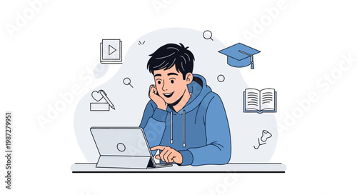 Student learning online with laptop, graduation cap, book, and video icon