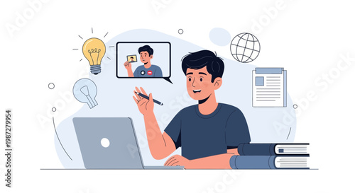 Student learning online with laptop, video call, and books, concept of education
