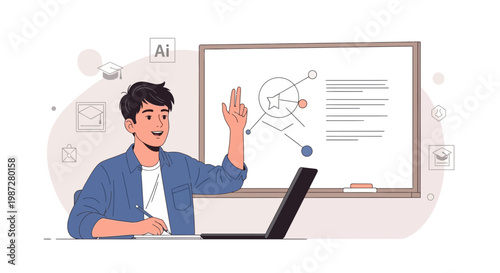 Student Raising Hand in Online Class with Laptop and Whiteboard