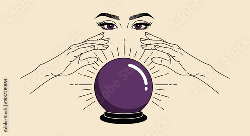 Mystical purple crystal ball with hands and eyes, symbolizing future predictions and divination
