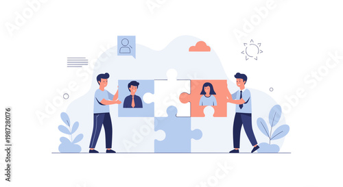 Teamwork and Collaboration: People assembling a puzzle with employee profiles