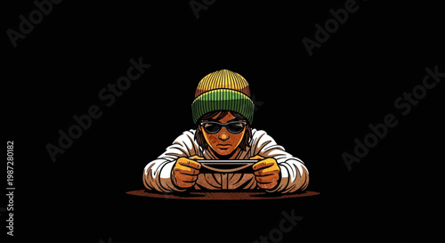 Young person playing video games on a portable console, immersed in virtual reality