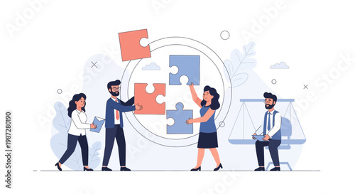 Teamwork and Collaboration: Business People Solving Puzzle Pieces with Scales of Justice