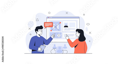 Teamwork and Collaboration: People planning project on screen, business meeting illustration