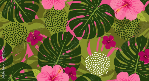 Vibrant Tropical Floral and Leaf Pattern - Exotic Botanical Design