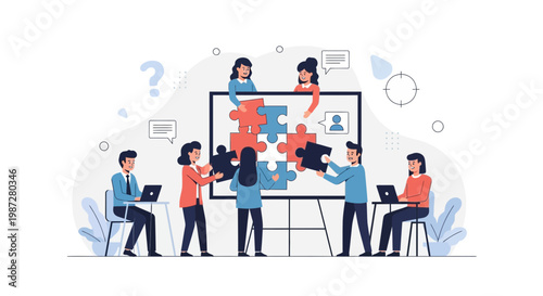 Teamwork assembling puzzle pieces on whiteboard, business strategy and collaboration concept