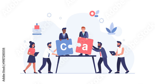 Teamwork assembling puzzle pieces 'C' and 'A' for business success