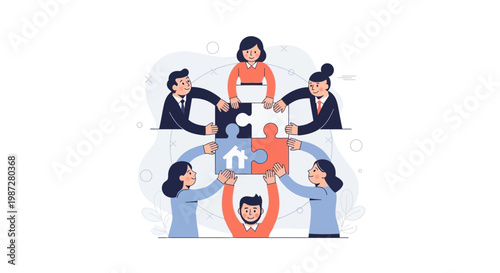 Teamwork building a house with puzzle pieces, collaboration and success