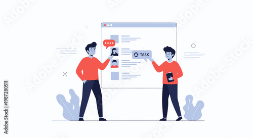 Teamwork and task management illustration: people collaborating on a project board