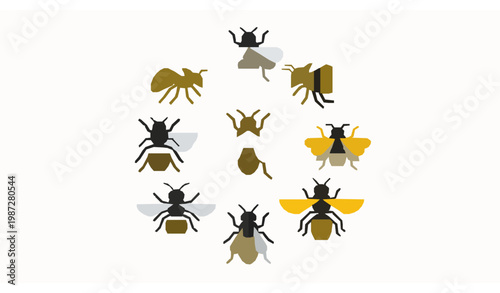 Modern flat insect icon set featuring honeybee, bumblebee, wasp and hornet in stylized yellow and black design vector illustration isolated on white background