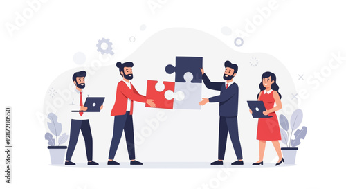 Teamwork Business People Assembling Puzzle Pieces, Collaboration Strategy Concept