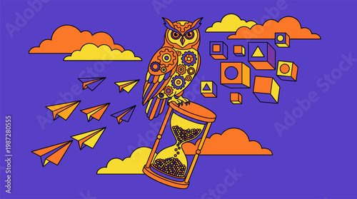 Mechanical Owl on Hourglass with Paper Airplanes and Cubes Pop Surrealism Flat Illustration with Bold Outlines