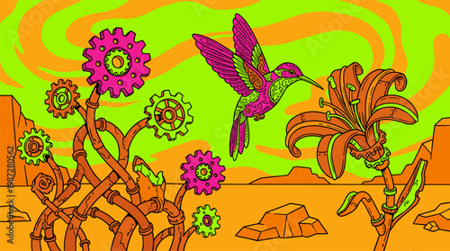Mechanical Garden with Metal Gear Flowers and Clockwork Bird, Pop Surrealism Flat Illustration with Bold Outlines