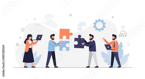 Teamwork business people assembling puzzle pieces, collaboration, strategy, and success concept