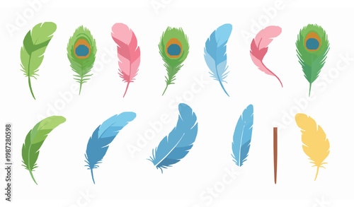 Colorful feather set with green, pink, blue and yellow decorative feathers including peacock and writing quill flat vector illustration isolated on white background
