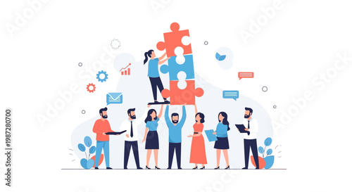 Teamwork concept: people assembling puzzle pieces, collaboration, success, business growth