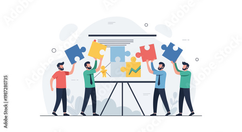 Teamwork puzzle collaboration business people assembling strategy on whiteboard