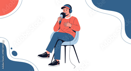 Podcaster with Microphone and Headphones Sitting on Chair, Recording Audio