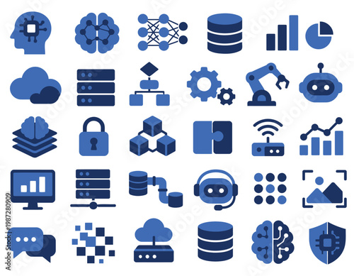 Collection of blue technology and data icons on icon set
