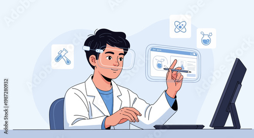 Scientist using VR headset and futuristic interface for research in laboratory