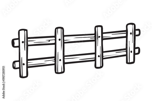 Wooden fence sketch with three rails, weathered posts and simple outline evoke rustic boundary and pastoral calm, perimeter marker for farm or garden, monochrome line art suitable for logo, icon,