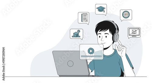 Student learning online with headphones and laptop, icons of education and success